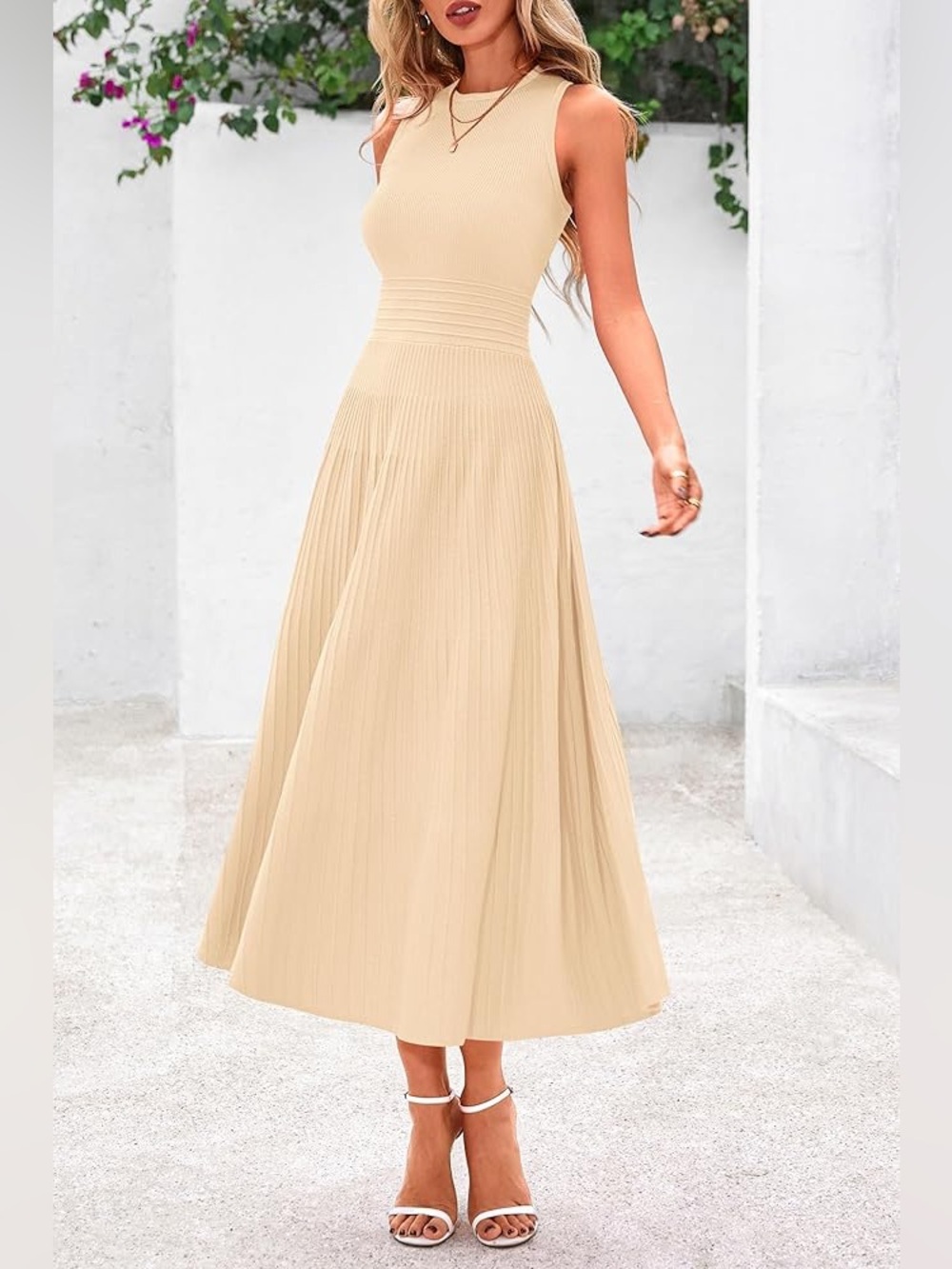 Pretty Garden Sleeveless Midi Pleated Knit A-Line Dress in Beige